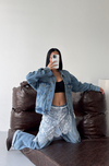 Arkası Baskılı Oversize Kot Denim Ceket Mavi