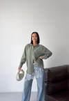 Çizgili Dokulu Haki Oversize Gömlek
