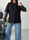 Kolları Dantel Detay Oversize Tshirt Siyah