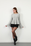 Peplum Pullu Simli Triko Kazak Gri