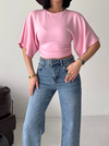 Yan Büzgü Detaylı Yarım Kol Yarasa Kol Pembe Tshirt