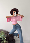 Yan Büzgü Detaylı Yarım Kol Yarasa Kol Pembe Tshirt