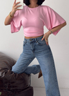 Yan Büzgü Detaylı Yarım Kol Yarasa Kol Pembe Tshirt