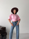 Yan Büzgü Detaylı Yarım Kol Yarasa Kol Pembe Tshirt