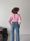 Yan Büzgü Detaylı Yarım Kol Yarasa Kol Pembe Tshirt