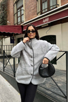 Gri Kadın Peluş Düğmeli Oversize Ceket – Yumuşak Dokulu MLB134 