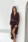 Kadın Acı Kahve Piliseli Midi Boy Kemer Detaylı Şifon Elbise ESRK4503