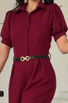 Kadın Bordo Kemerli Gömlek Yaka Bol Paça Tulum MLBK4567