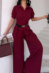 Kadın Bordo Kemerli Gömlek Yaka Bol Paça Tulum MLBK4567