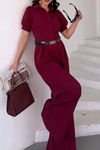 Kadın Bordo Kemerli Gömlek Yaka Bol Paça Tulum MLBK4567
