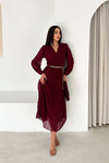 Kadın Bordo Piliseli Midi Boy Kemer Detaylı Şifon Elbise ESRK4503