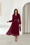 Kadın Bordo Piliseli Midi Boy Kemer Detaylı Şifon Elbise ESRK4503