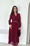 Kadın Bordo Piliseli Midi Boy Kemer Detaylı Şifon Elbise ESRK4503
