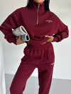 Kadın Bordo Yarım Fermuarlı Sweatshirt ve Eşofman Takımı