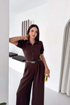 Kadın Kahve Taş Detaylı Kemerli Bol Paça Tulum MLBK4592