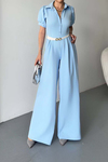 Kadın Mavi Kemerli Gömlek Yaka Bol Paça Tulum MLBK4567