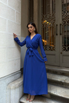 Kadın Saks Mavisi Kuşaklı Kruvaze Yaka Maxi Şifon Elbise MLB210