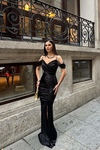 Kadın Siyah Askılı Saten Yırtmaçlı Uzun Abiye Elbise MLB121