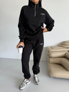 Kadın Siyah Yarım Fermuarlı Sweatshirt ve Eşofman Takımı