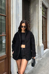 Siyah Kadın Peluş Düğmeli Oversize Ceket – Yumuşak Dokulu MLB134 