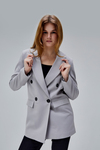 Gri Regular Astarlı Kruvaze Kapama Dokuma Oversize Blazer Ceket