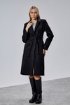 Kadın Siyah Kuşaklı Düğmeli Uzun Kaban