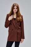 Kahverengi Regular Astarlı Kruvaze Kapama Dokuma Oversize Blazer Ceket