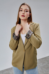 Koyu Haki Leopar Kolu Katlama Detaylı Regular Vatkalı Blazer Ceket