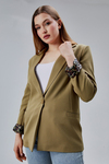 Koyu Haki Leopar Kolu Katlama Detaylı Regular Vatkalı Blazer Ceket
