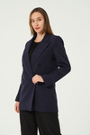 Lacivert Astarlı Kruvaze Kapama Dokuma Oversize Blazer Ceket