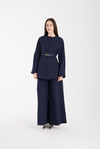 Lacivert Premium Kemerli Bluz ve Pantolon Takım