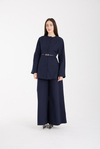 Lacivert Premium Kemerli Bluz ve Pantolon Takım