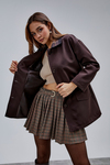 Mia Acı Kahve Ekose Yaka Cepli Oversize Trençkot