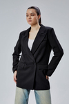 Siyah Regular Astarlı Kruvaze Kapama Dokuma Oversize Blazer Ceket