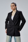 Siyah Regular Astarlı Kruvaze Kapama Dokuma Oversize Blazer Ceket