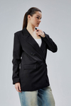 Siyah Regular Astarlı Kruvaze Kapama Dokuma Oversize Blazer Ceket