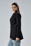 Siyah Regular Astarlı Kruvaze Kapama Dokuma Oversize Blazer Ceket
