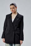 Siyah Regular Astarlı Kruvaze Kapama Dokuma Oversize Blazer Ceket