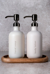 Era - 2'li 350ml Dekorlu Cam Banyo Sabunluk Seti - Bronz Pompalı ve Ahşap Standlı