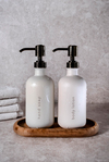 Era - 2'li 350ml Dekorlu Cam Banyo Sabunluk Seti - Bronz Pompalı ve Ahşap Standlı