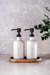 Era - 2'li 350ml Dekorlu Cam Mutfak Sabunluk Seti - Bronz Pompalı ve Ahşap Standlı