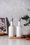 Ice - 2'li 500ml Kırık Beyaz Dekorlu Cam Yağlık & Sirkelik Seti - Gümüş Başlıklı ve Ahşap Standlı