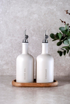 Ice - 2'li 500ml Kırık Beyaz Dekorlu Cam Yağlık & Sirkelik Seti - Gümüş Başlıklı ve Ahşap Standlı