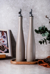 Prestige - 2'li 500ml Gri Dekorlu Cam Yağlık & Sirkelik Seti - Gümüş Başlıklı ve Ahşap Standlı