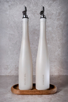 Prestige - 2'li 500ml Kırık Beyaz Dekorlu Cam Yağlık & Sirkelik Seti - Gümüş Başlıklı ve Ahşap Standlı
