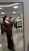  Yırtmaçlı Volanlı Maxi Boy Kahve Dantel Elbise