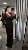  Yırtmaçlı Volanlı Maxi Boy Kahve Dantel Elbise
