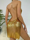 Kadın Gold Zincir Askılı Parlak Taşlı Gece Elbisesi Sırt Dekolteli Mini Parti Elbisesi Clubwear,Parti Club Elbisesi
