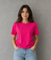 Basic Pamuklu Tişört Bisiklet Yaka Düz Renk Relaxed Fit T-Shirt - Fuşya