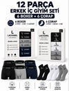 Erkek 12li İç Giyim Seti Pamuklu 6 Boxer 6 Çorap Çoklu Paket - Siyah - Lacivert - Gri - Beyaz